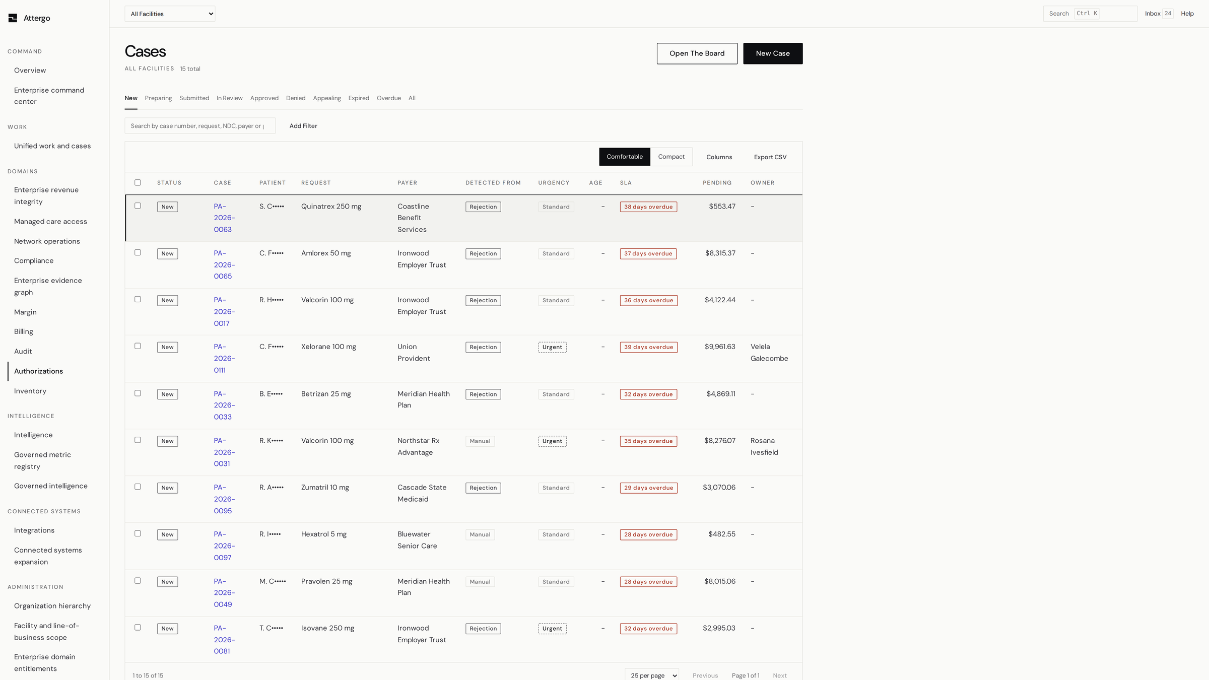 Attergo: the prior authorization case list, showing cases by stage with the payer and the days remaining on each.