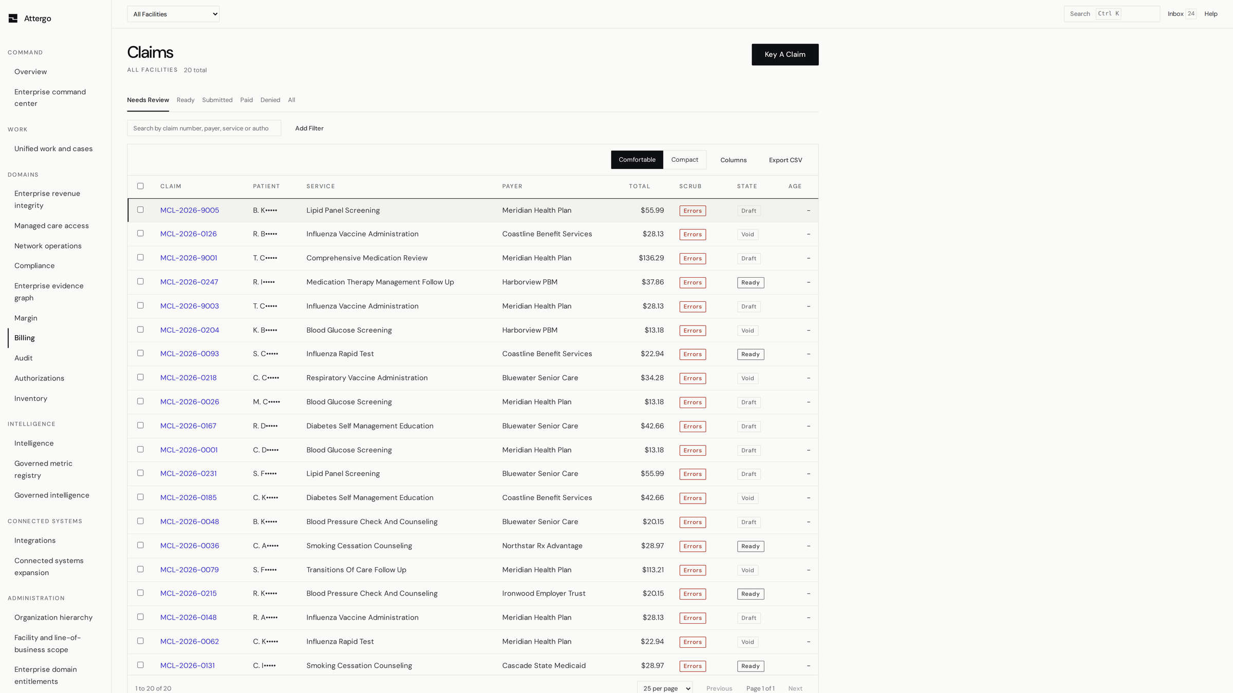 Attergo: the claims queue, showing claims by status with the payer, the billed amount and the age of each one.