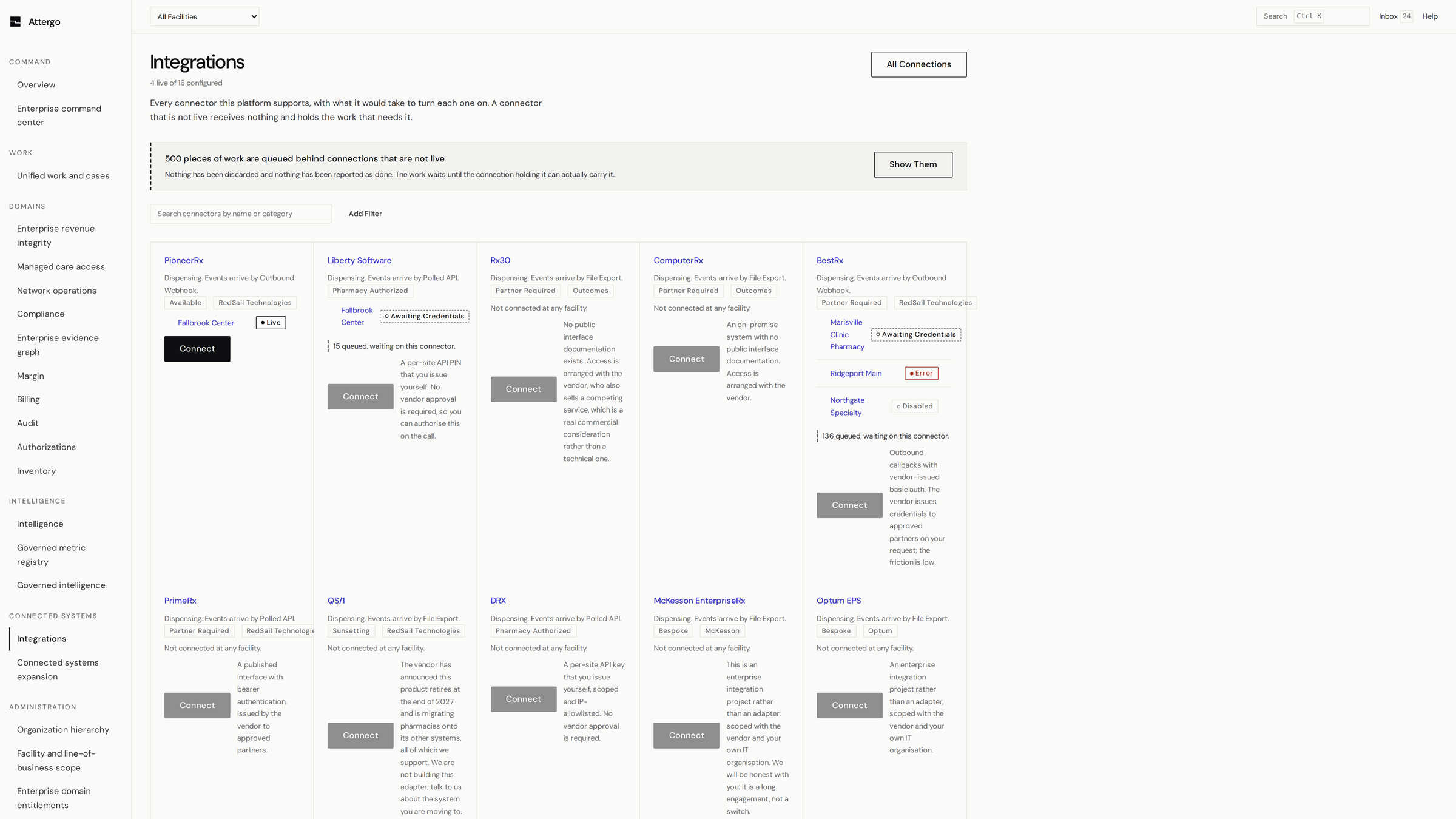 Attergo: the integrations screen, showing each connected system and its current state.