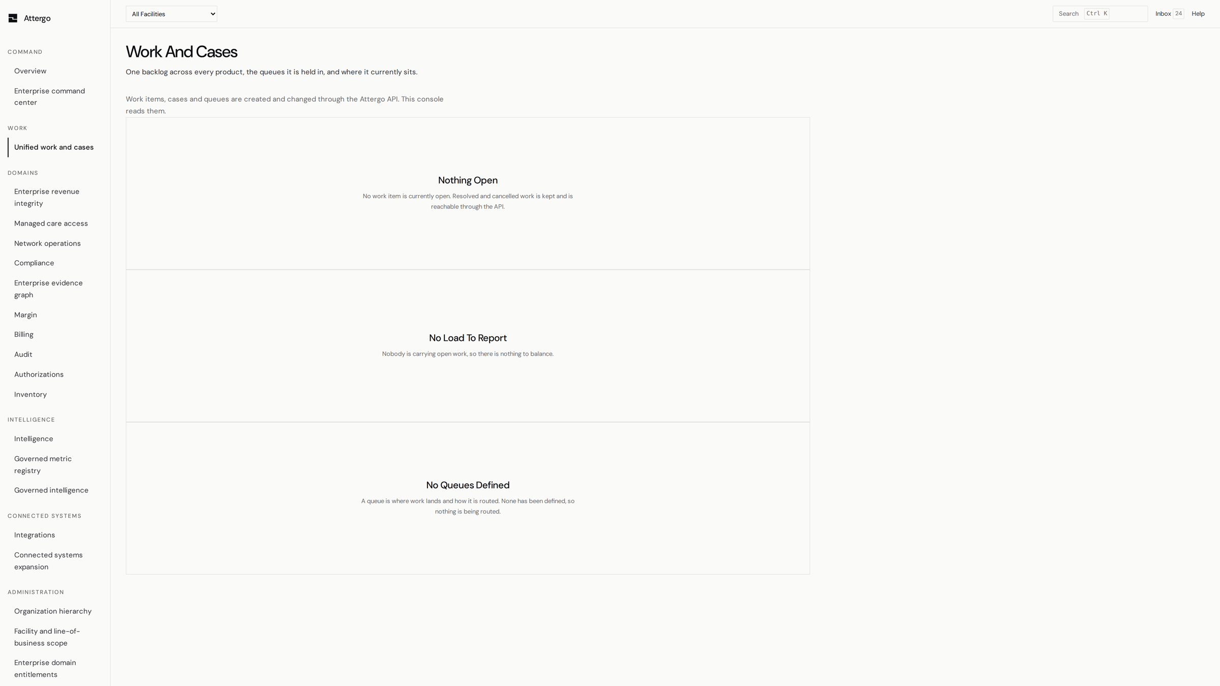 Attergo: the unified work queue, showing what needs attention across margin, billing, authorizations and compliance in one list.